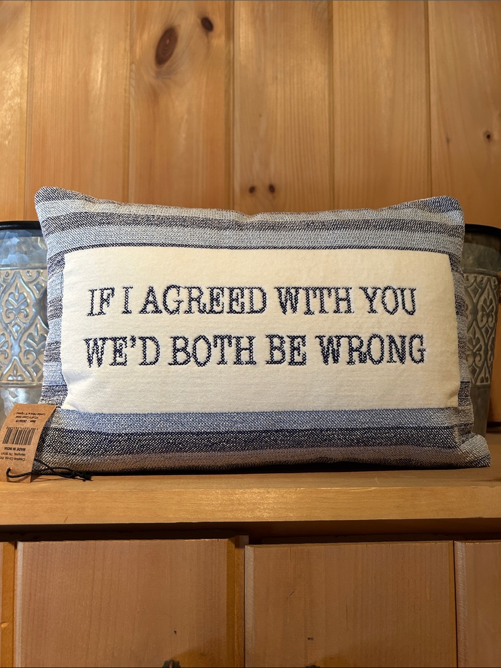 Striped Blue & White Decorative Pillow with Quote